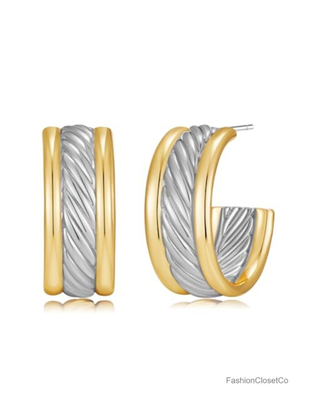 Two Tone Mixed Metal Chunky C Hoop Stud Earrings Women Fashion Jewelry